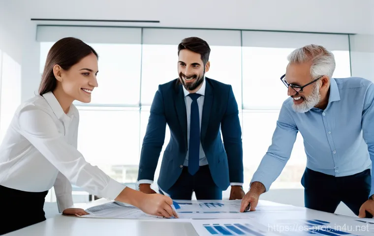 공정관리기술자와 건축설계사의 협업 방법 - **Prompt:** An architect (female) and a project control engineer (male) are standing side-by-side in...