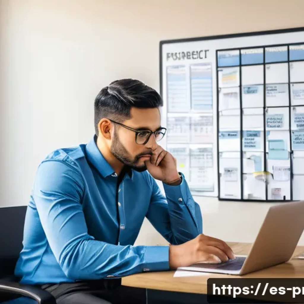 공정관리기술자의 국제 자격증  PMP PMI SP  도전기 - A professional Hispanic man in business casual attire sitting at a modern desk with a laptop, multip...
