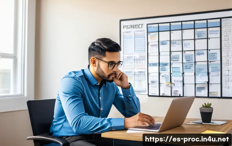 공정관리기술자의 국제 자격증 PMP PMI SP 도전기 - A professional Hispanic man in business casual attire sitting at a modern desk with a laptop, multip...