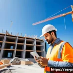 공정관리기술자와 프로젝트 리스크 관리 - A detailed construction site scene showing a diverse team of Spanish-speaking professionals in safet...