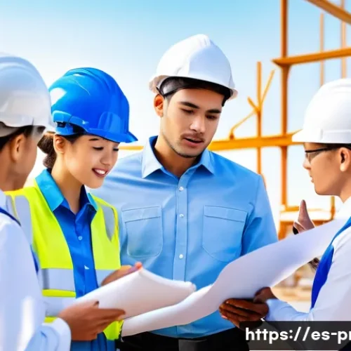 공정관리기술자와 품질관리의 연계성 - A detailed construction site scene showing a diverse team of technical supervisors and quality contr...