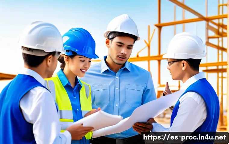 공정관리기술자와 품질관리의 연계성 - A detailed construction site scene showing a diverse team of technical supervisors and quality contr...