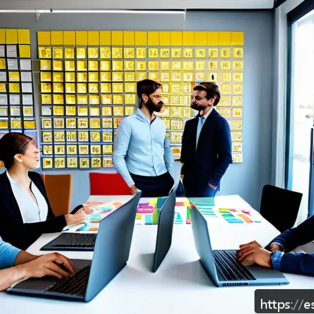 공정관리기술자 실무 노하우 공유 플랫폼 - A modern agile software development team collaborating in a bright, open office space in Spain, feat...