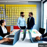 공정관리기술자 실무 노하우 공유 플랫폼 - A modern agile software development team collaborating in a bright, open office space in Spain, feat...