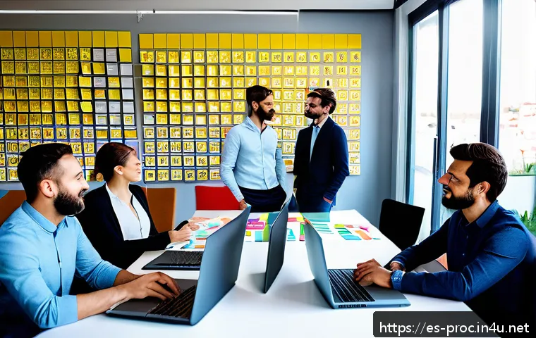 공정관리기술자 실무 노하우 공유 플랫폼 - A modern agile software development team collaborating in a bright, open office space in Spain, feat...