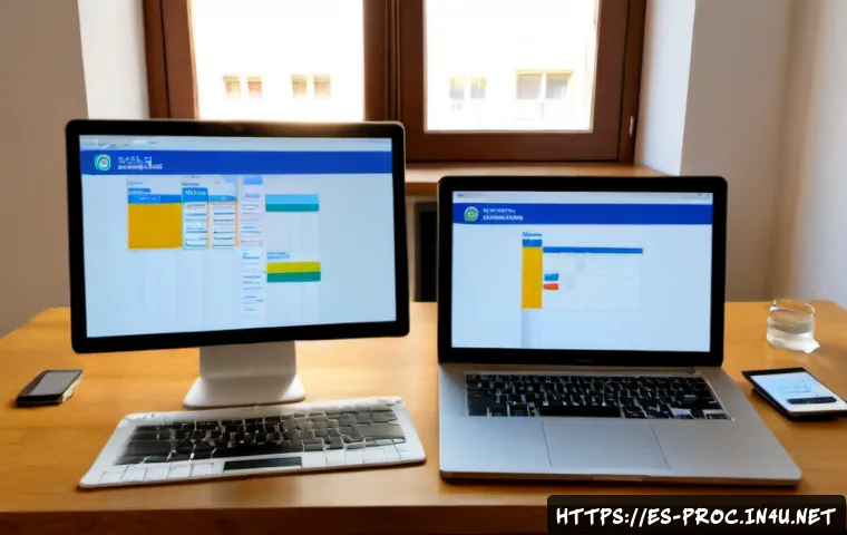 프로젝트 일정 관리 도구 비교 분석 - Photorealistic overhead view of a Spanish project manager comparing two digital project scheduling d...